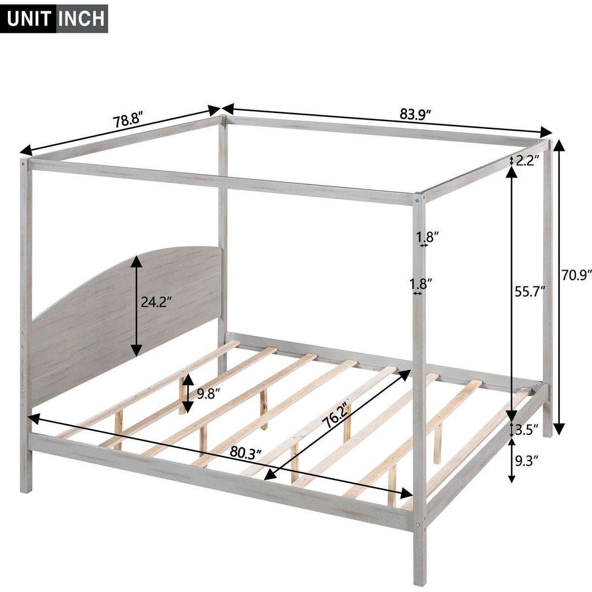 King Size Canopy Platform Bed with Headboard and Support Legs, Grey Wash