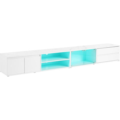 Modern APP Controlled LED TV Stand for TVs Up to 105", Faux Marble Tabletop Media Console with Tempered Glass Doors, Entertainment Center with 2 Drawers & Cabinets for Living Room, White