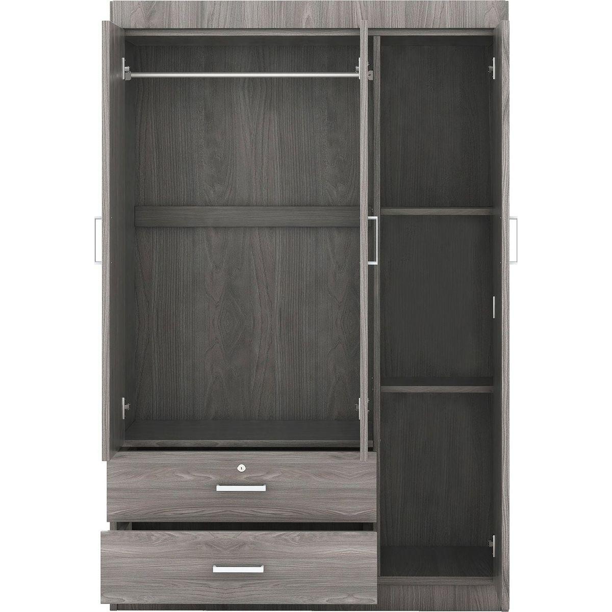 3-Door Wardrobe with 2 Drawers, Wood Grain Effect in Gray