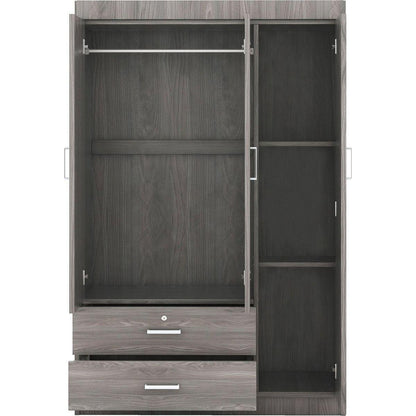 3-Door Wardrobe with 2 Drawers, Wood Grain Effect in Gray
