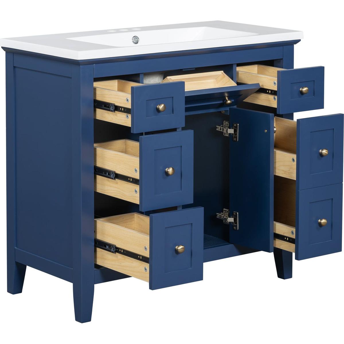 36" Bathroon Vanity with Resin Sink Combo Set, Modern Freestanding Single Bathroom Cabinet with 6 Drawers & 2 Cabinets, Storage Cabinet for Bathroom, Solid Wood Frame Vanity Set, Blue