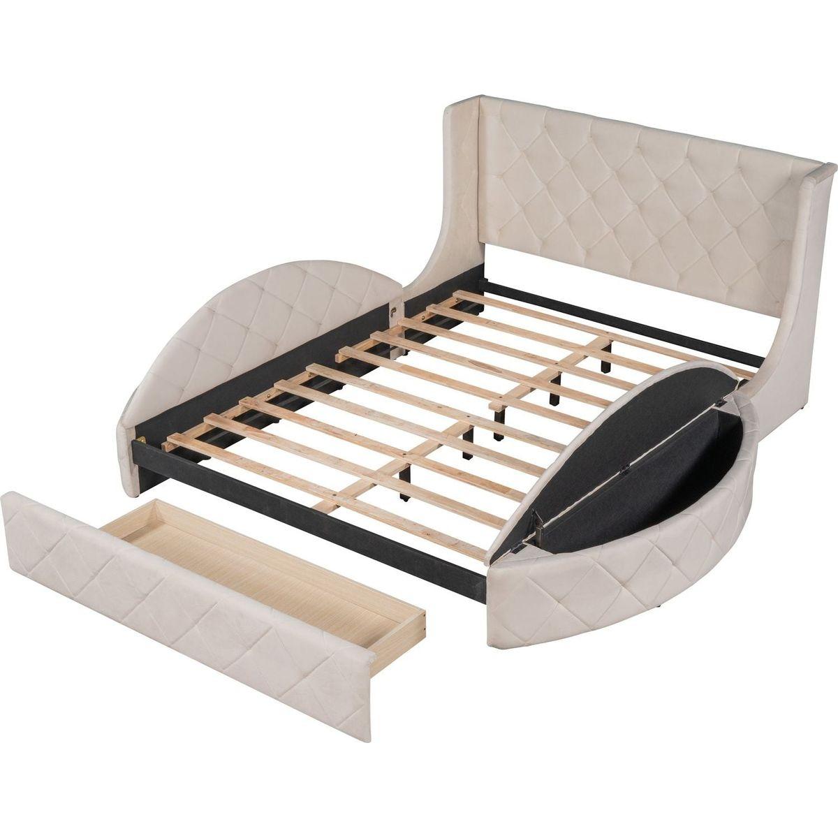 Upholstered Platform Bed Queen Size Storage Velvet Bed with Wingback Headboard and 1 Big Drawer,2 Side Storage Stool(Beige)