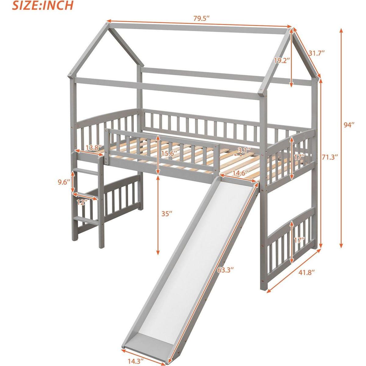 Twin Loft Bed with Slide, House Bed with Slide,White