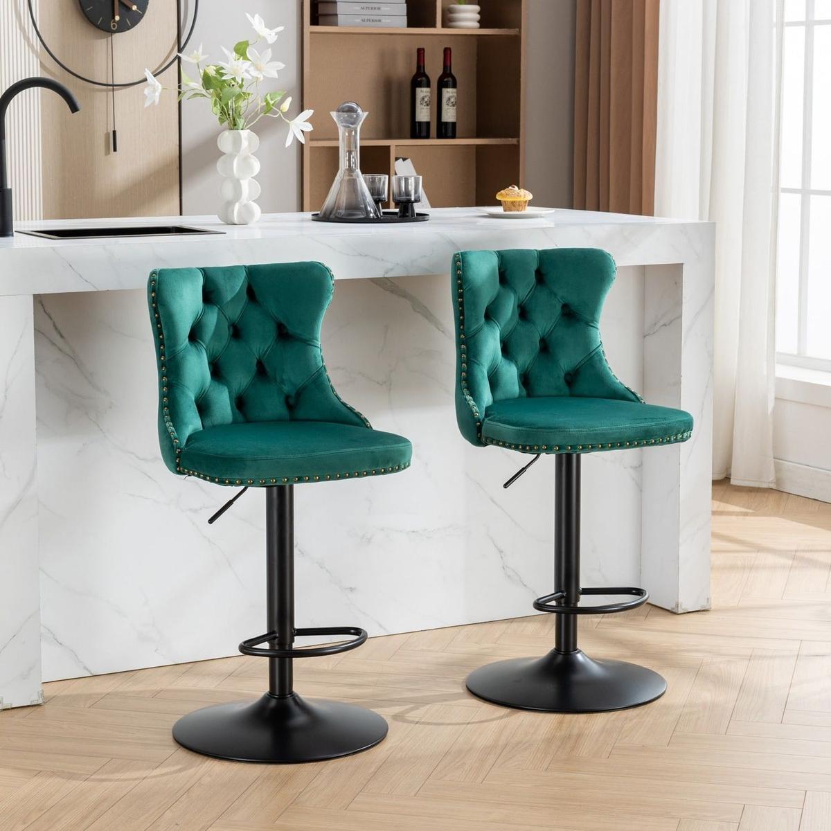 Swivel Velvet Barstools Adjusatble Seat Height from 25-33 Inch,17.7inch base, Modern Upholstered Bar Stools with Backs Comfortable Tufted for Home Pub and Kitchen Island,Green,Set of 2