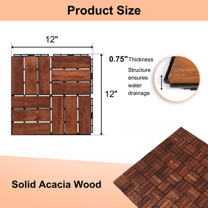 Acacia Wood Interlocking Deck Tiles Checker Pattern, 30 PCS 12" x 12" Square Acacia Hardwood Outdoor Flooring for Patio, Bancony, Pool Side,...