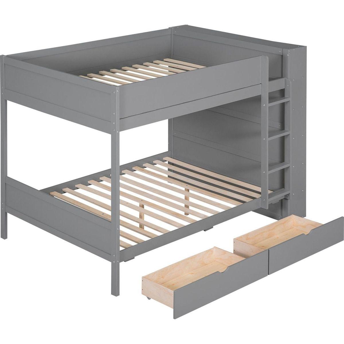 Full over Full Bunk Bed With 2 Drawers and Multi-layer Cabinet, Gray