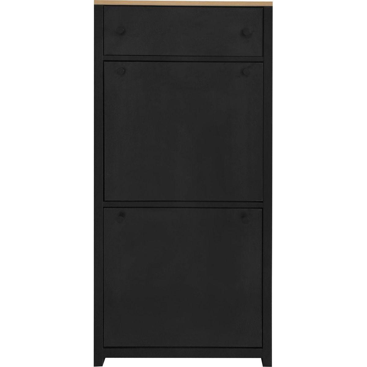 Functional Entryway Organizer with 2 Flip Drawers, Wood Grain Pattern Top Shoe Cabinet with Drawer, Free Standing Shoe Rack with Adjustable Panel for Hallway, Black