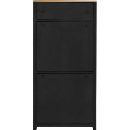 Functional Entryway Organizer with 2 Flip Drawers, Wood Grain Pattern Top Shoe Cabinet with Drawer, Free Standing Shoe Rack with Adjustable Panel for Hallway, Black