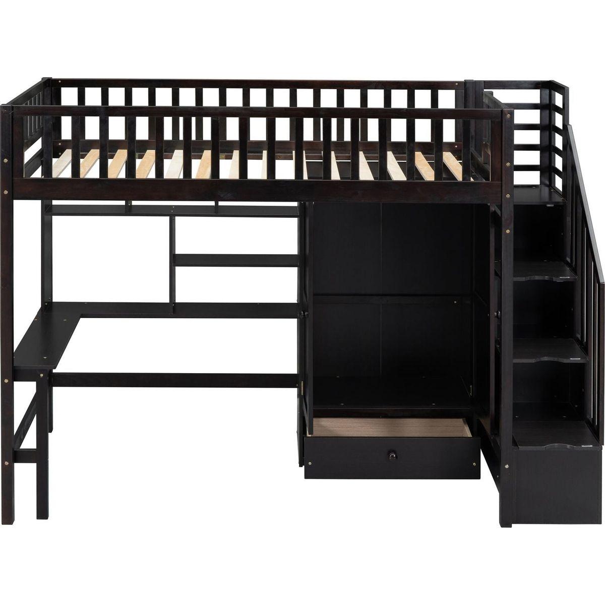 Twin size Loft Bed with Bookshelf,Drawers,Desk,and Wardrobe-Espresso