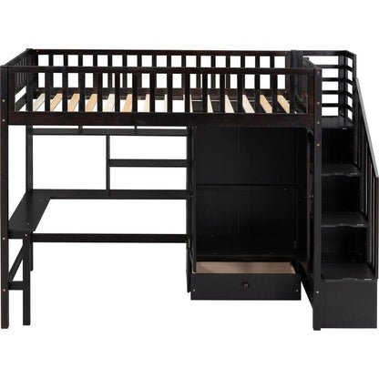 Twin size Loft Bed with Bookshelf,Drawers,Desk,and Wardrobe-Espresso