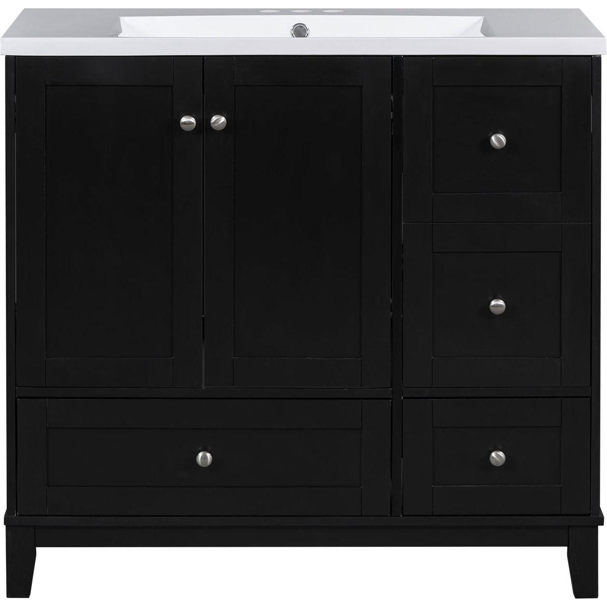 36 Inch Modern Bathroom Vanity with USB Charging, Two Doors and Three Drawers Bathroom Storage Vanity Cabinet, Small Bathroom Vanity cabinet with single sink, Black - Faucets Not Included