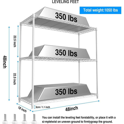 3 Tier Wire Shelving Unit, 1050 LBS NSF Height Adjustable Metal Garage Storage Shelves, Heavy Duty Storage Wire Rack Metal Shelves - White