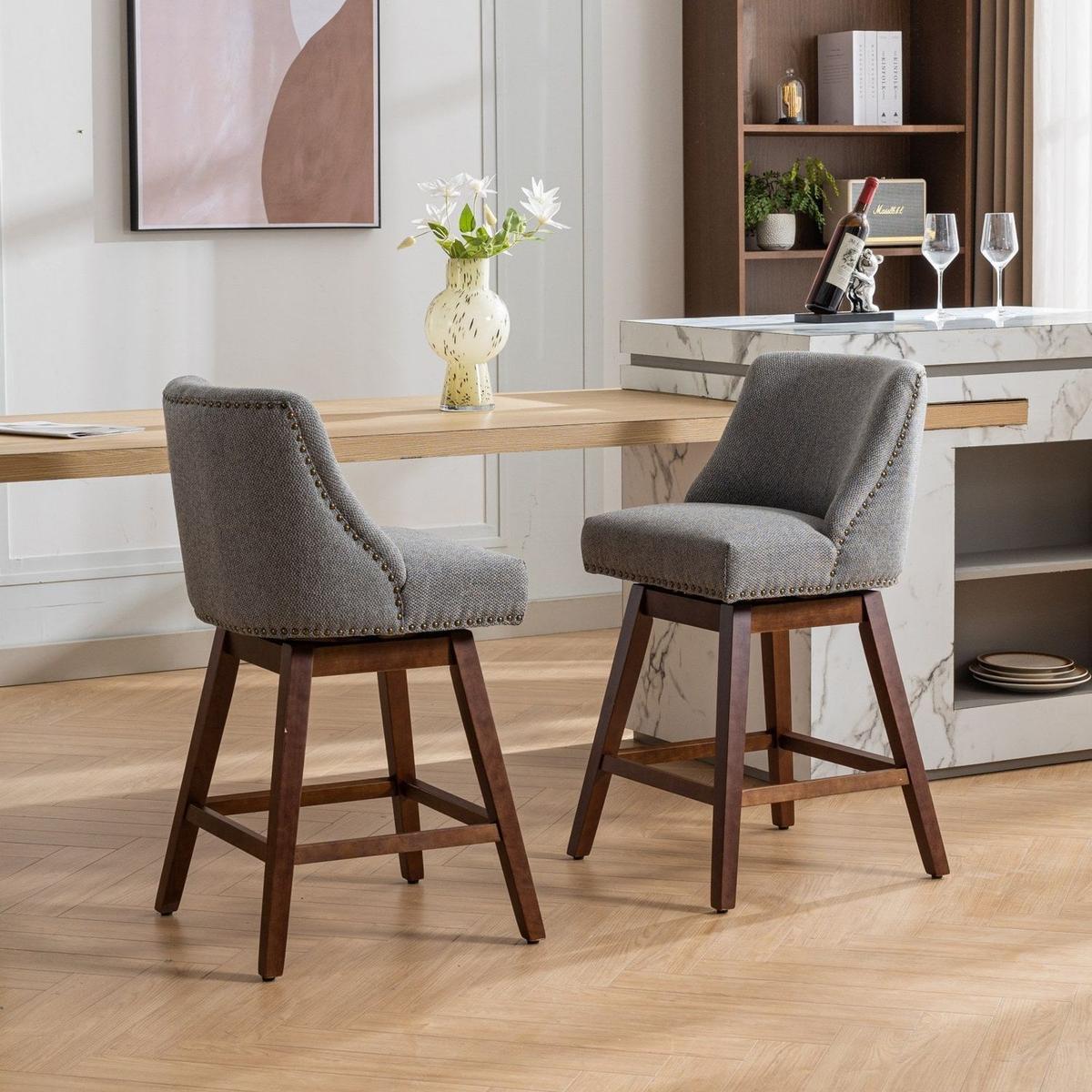Counter Height Swivel Barstools, 26" H Seat Height Upholstered Bar Stools Set of 2, Fabric in Gray - Streamdale Furniture