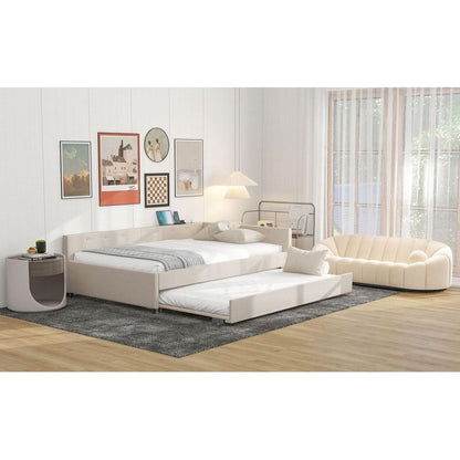 Full Size Upholstered Platform Bed with USB and Twin Size Trundle, Beige