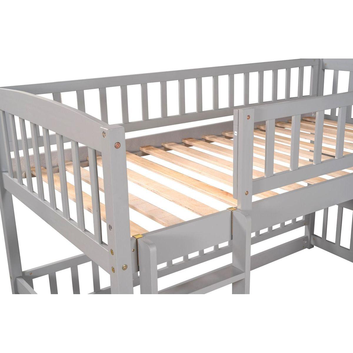 Bunk Bed with Slide,Twin Over Twin Low Bunk Bed with Fence and Ladder for Toddler Kids Teens Grey