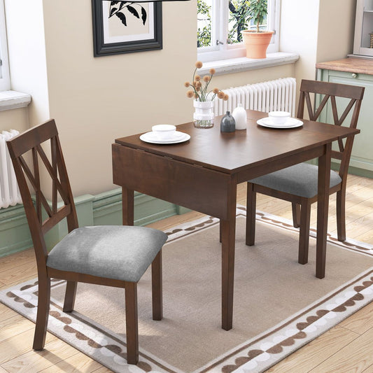 3 Piece Kitchen Dining Set with Drop Leaf Dining Table and 2 Dining Upholstered Chairs, Dining Room Set for Small Places, Brown