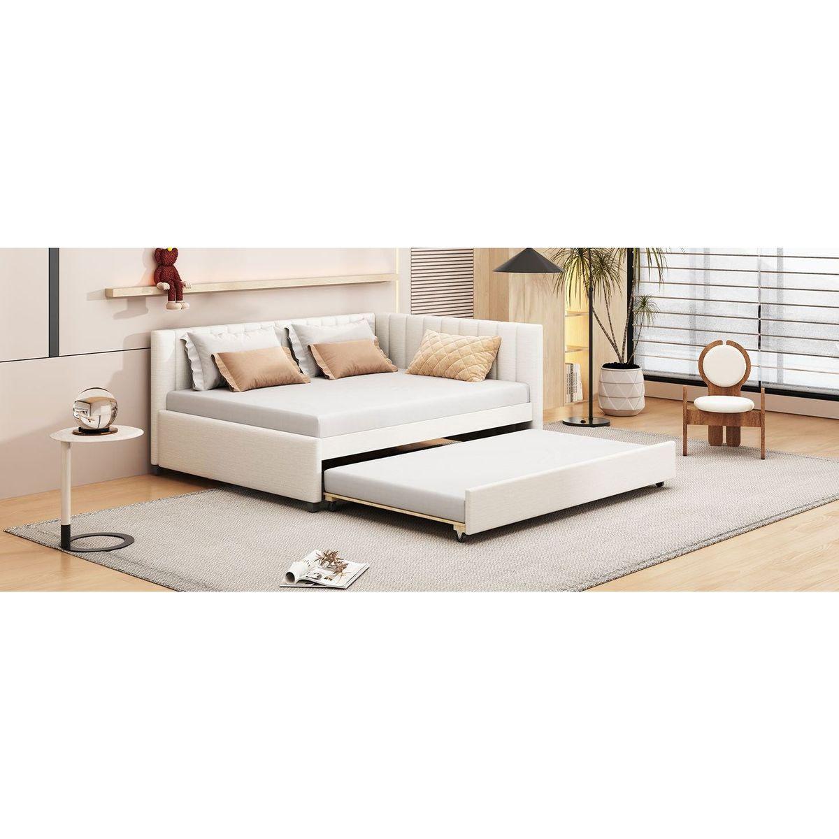 Full Size Upholstered Daybed with Trundle Sofa Bed Frame No Box Spring Needed, Linen Fabric(Beige)