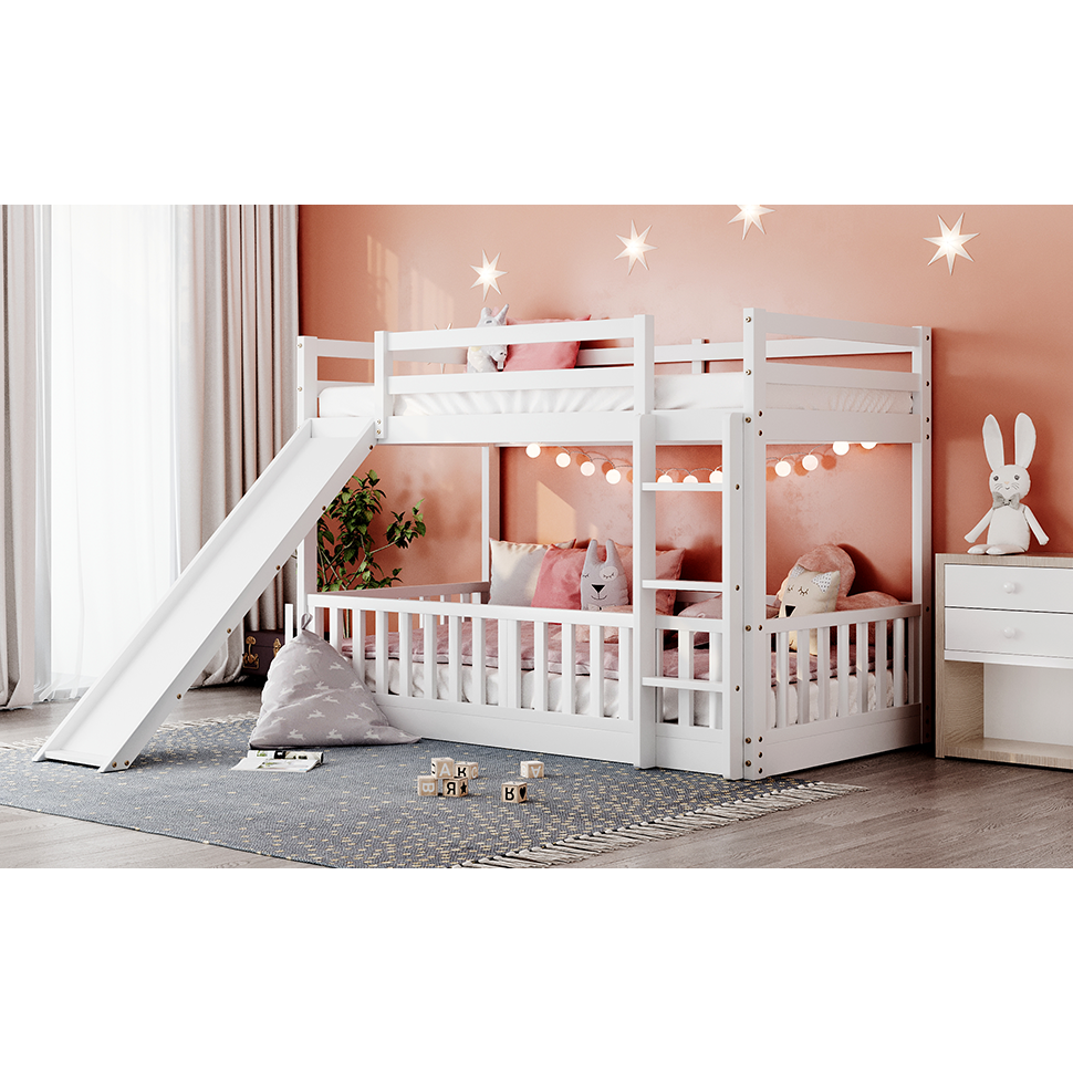 Twin Over Twin Bunk Bed with Slide and Ladder, White