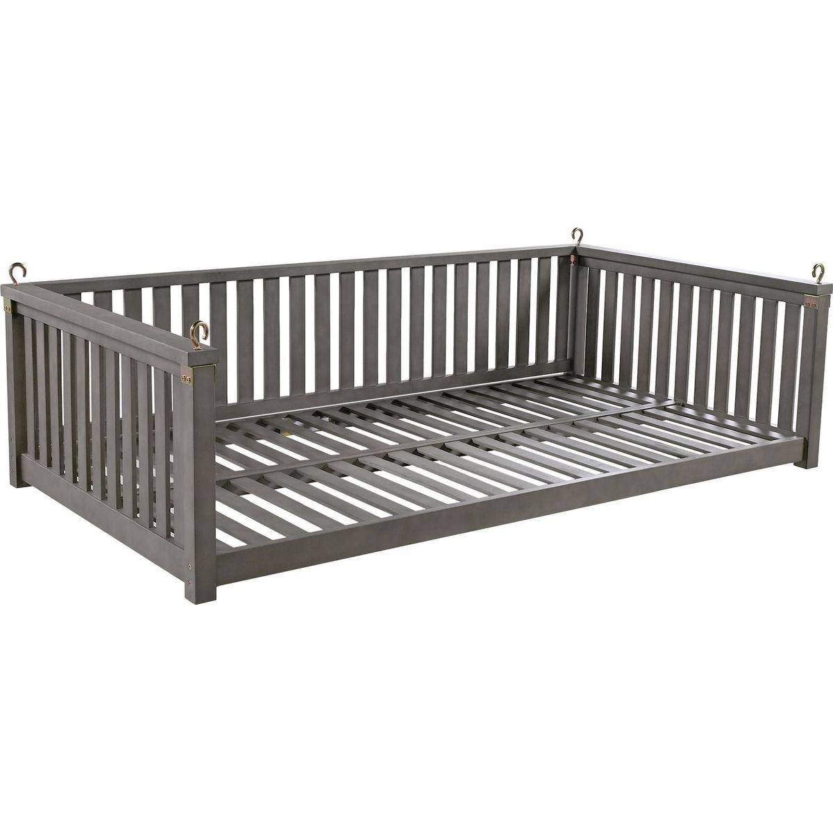 Patio Minimalist Twin Size Garden Swing Bed Wood Porch Swing with Ropes for Backyard, Safe Sloped Design, Gray