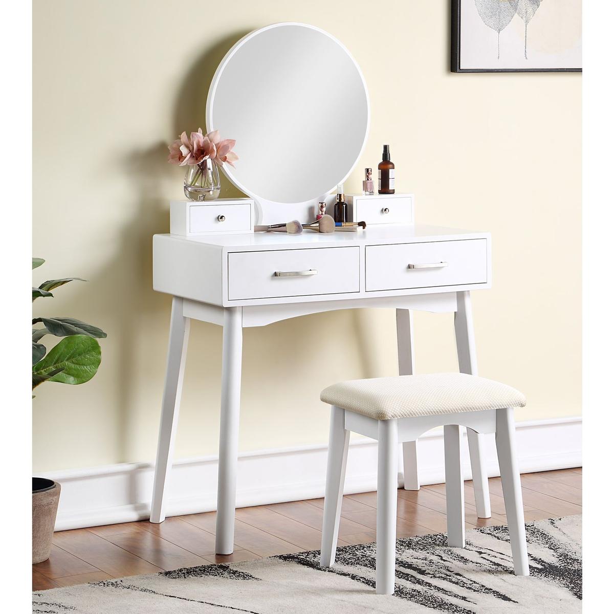 Liannon Contemporary Wood Vanity and Stool Set, White - Streamdale Furniture