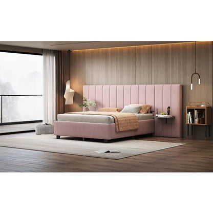 Full Size Upholstered Platform Bed with Big Headboard, Bedroom Furniture, Velvet, Pink