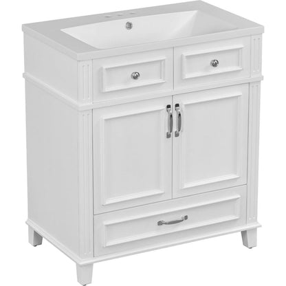 30" Bathroom Vanity with Resin Sink, Solid Wood Frame Bathroom Storage Cabinet with Soft Closing Doors, Retro Style, White