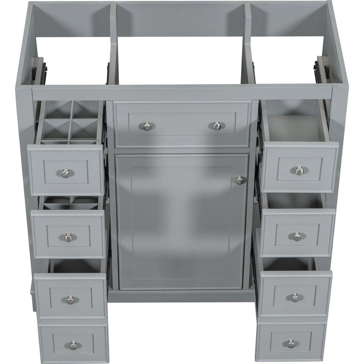 36" Bathroom Vanity without Sink, Cabinet Base Only, One Cabinet and Six Drawers, Grey