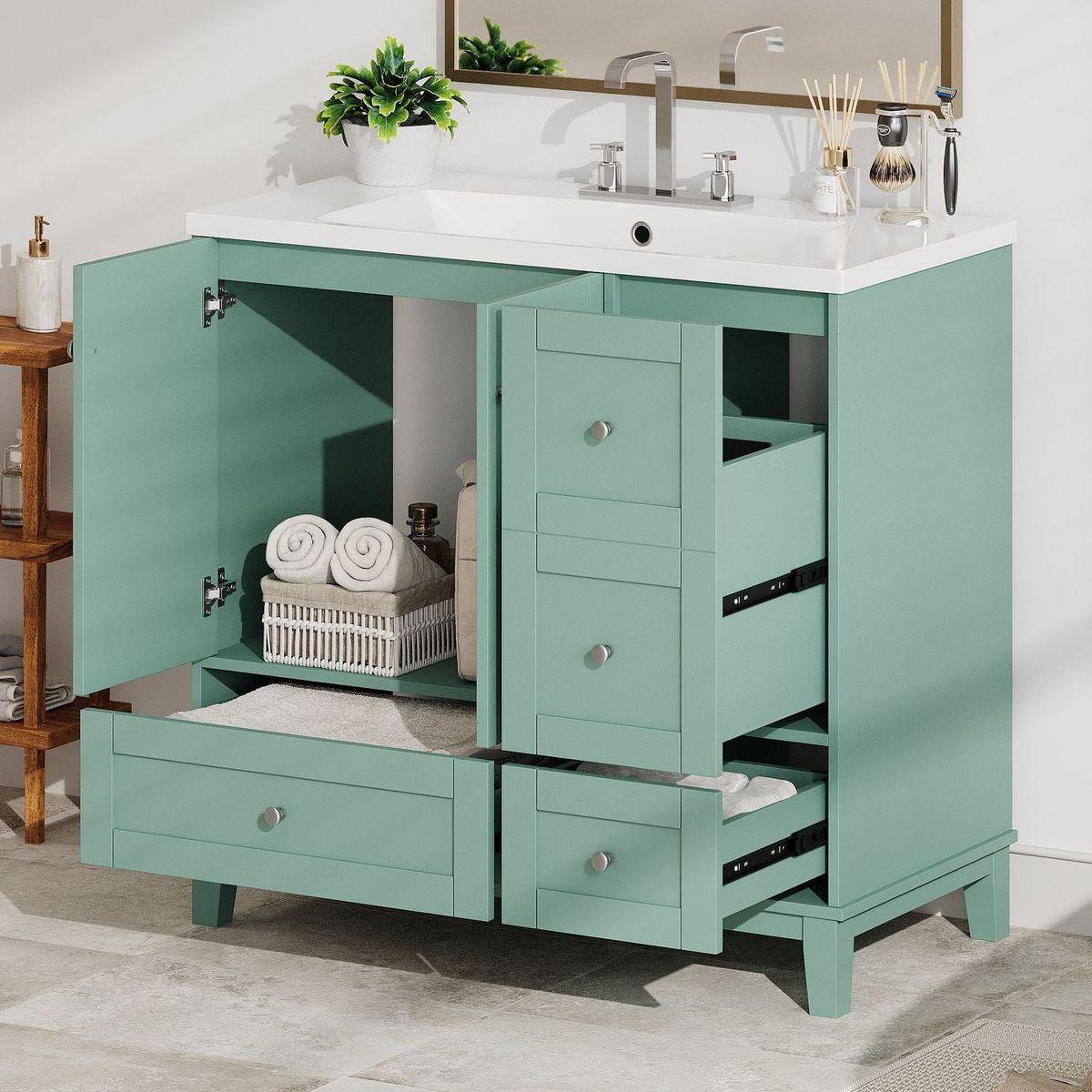 36 Inch Modern Bathroom Vanity with USB Charging, Two Doors and Three Drawers Bathroom Storage Vanity Cabinet, Small Bathroom Vanity cabinet with single sink, Green - Faucets Not Included