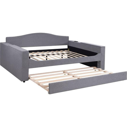 Full Size Upholstered Daybed with Storage Armrests, Trundle and Latest Integrated Bluetooth Audio System, Teddy Fleece, Gray