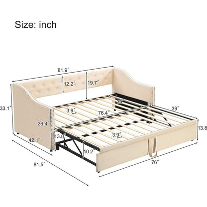 Twin Size Upholstered daybed with Pop Up Trundle, Beige