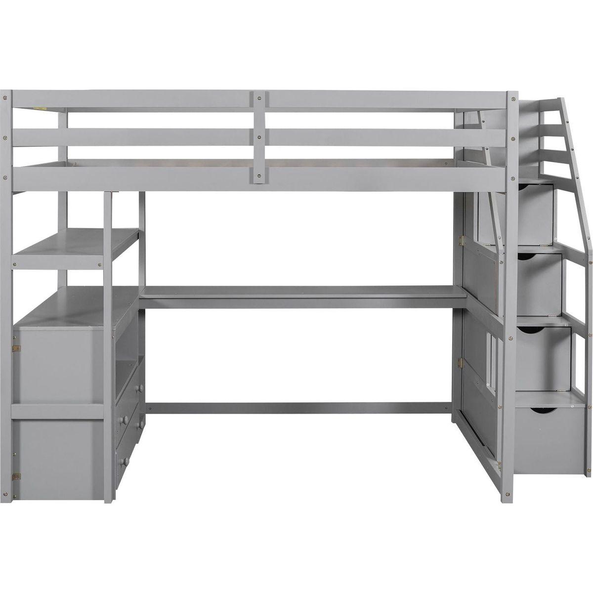 Full Size Loft Bed with Desk and Shelves, Two Built-in Drawers, Storage Staircase, Gray