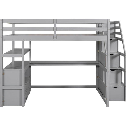 Full Size Loft Bed with Desk and Shelves, Two Built-in Drawers, Storage Staircase, Gray