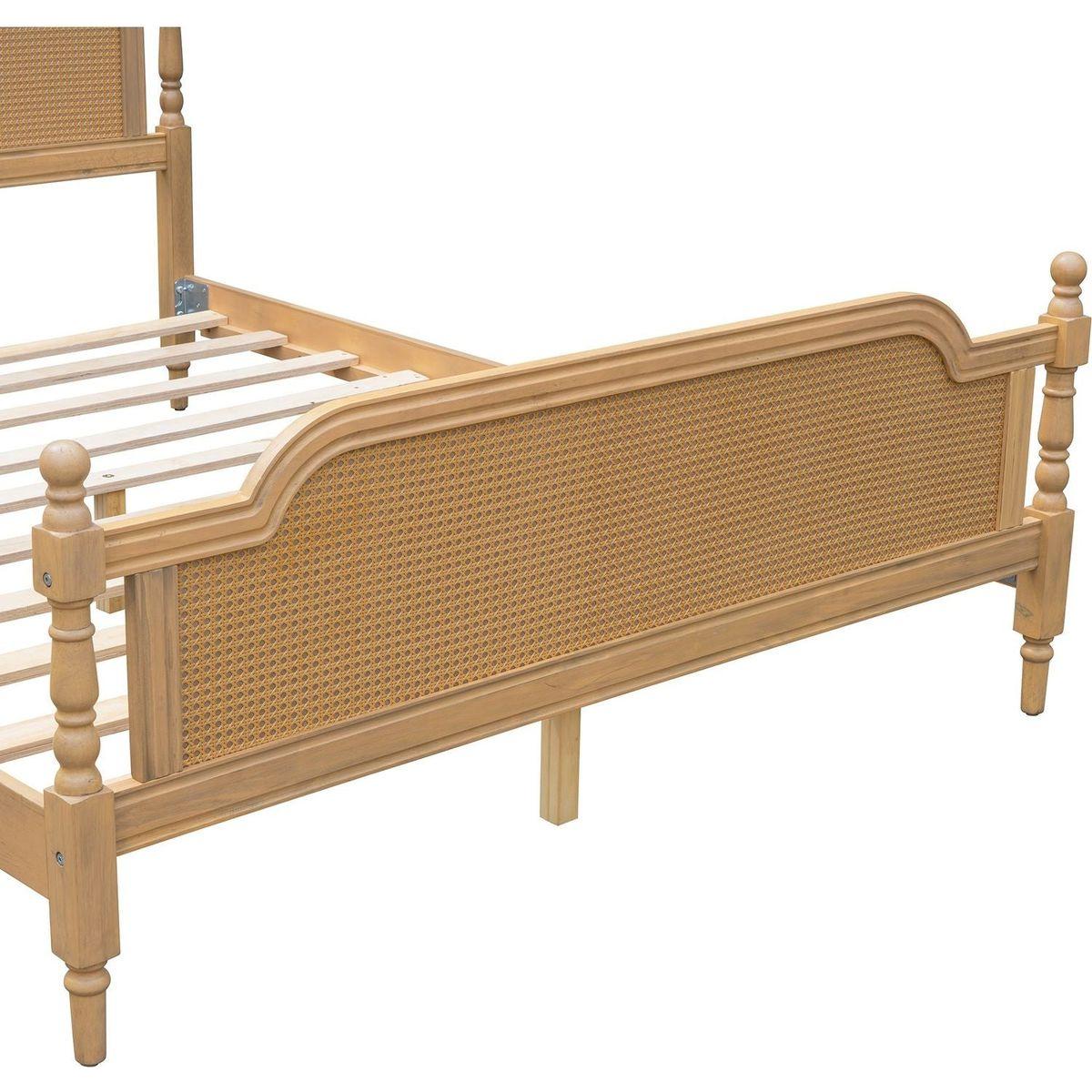 Traditional Style Rattan Queen Size Bed Frame,No Box Spring Needed,Antique Walnut