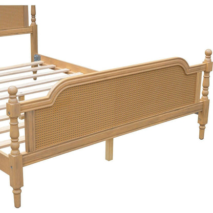 Traditional Style Rattan Queen Size Bed Frame,No Box Spring Needed,Antique Walnut