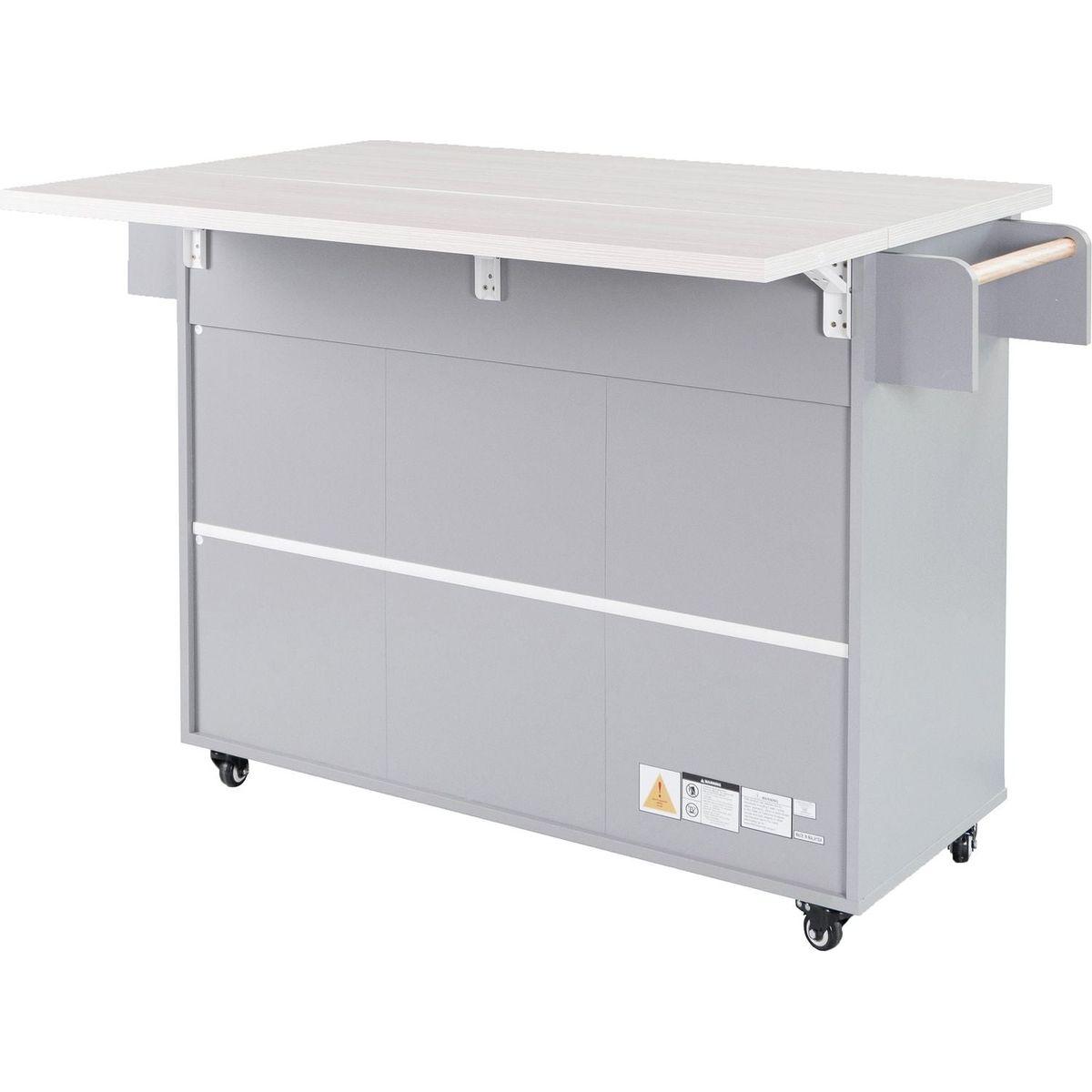 Kitchen Island with Trash Can Storage Cabinet, Kitchen Cart with Drop Leaf, Spice Rack, Towel Rack and Drawer, Rolling Kitchen Island on Wheels with Adjustable Shelf, Grey