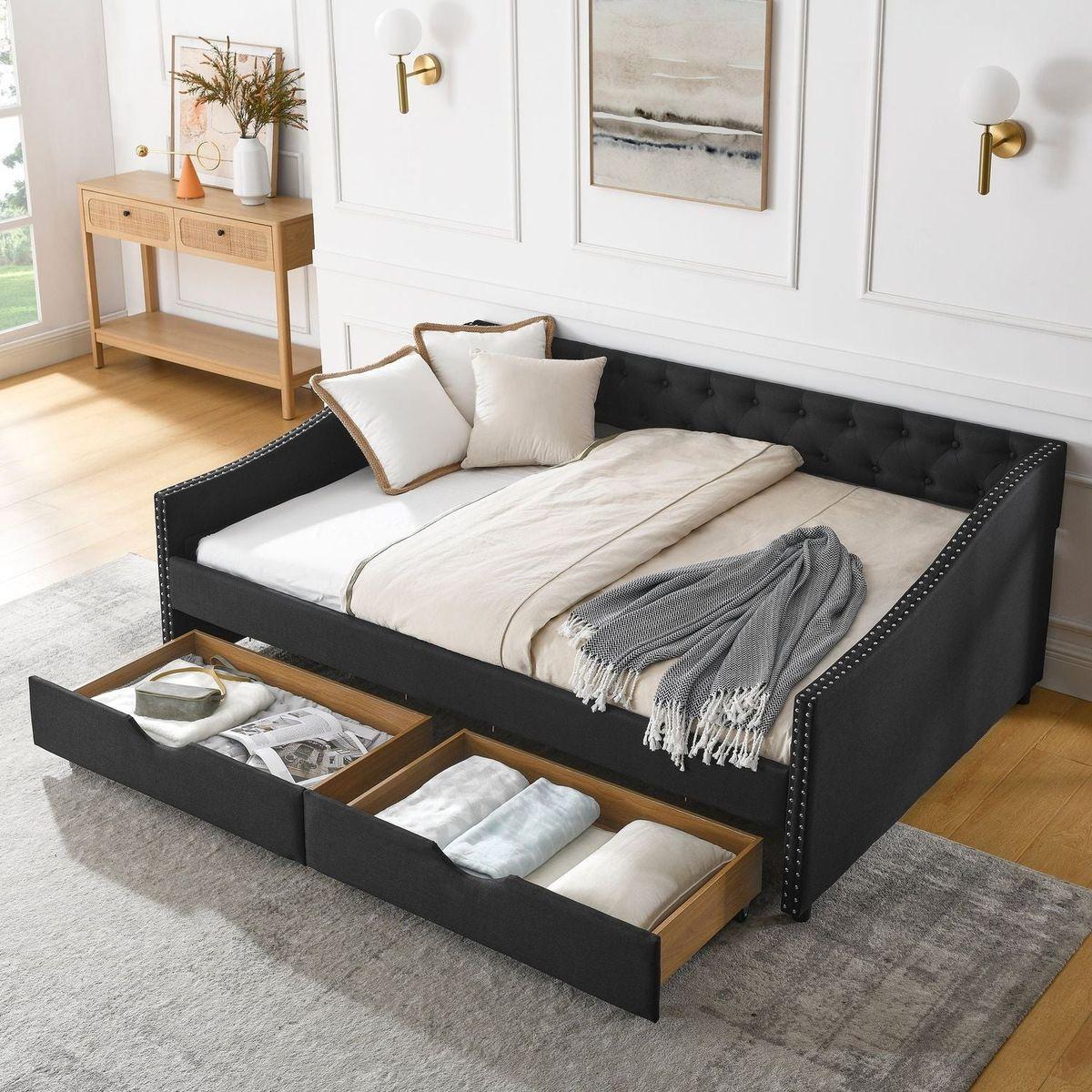 Full Size Daybed with Drawers Upholstered Tufted Sofa Bed, with Button on Back and Copper Nail on Waved Shape Arms(80.5"x55.5"x27.5")