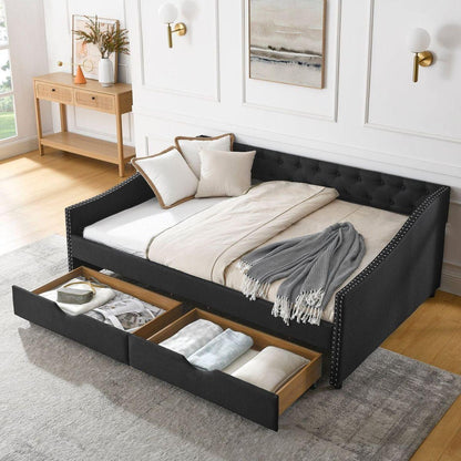 Full Size Daybed with Drawers Upholstered Tufted Sofa Bed, with Button on Back and Copper Nail on Waved Shape Arms(80.5"x55.5"x27.5")
