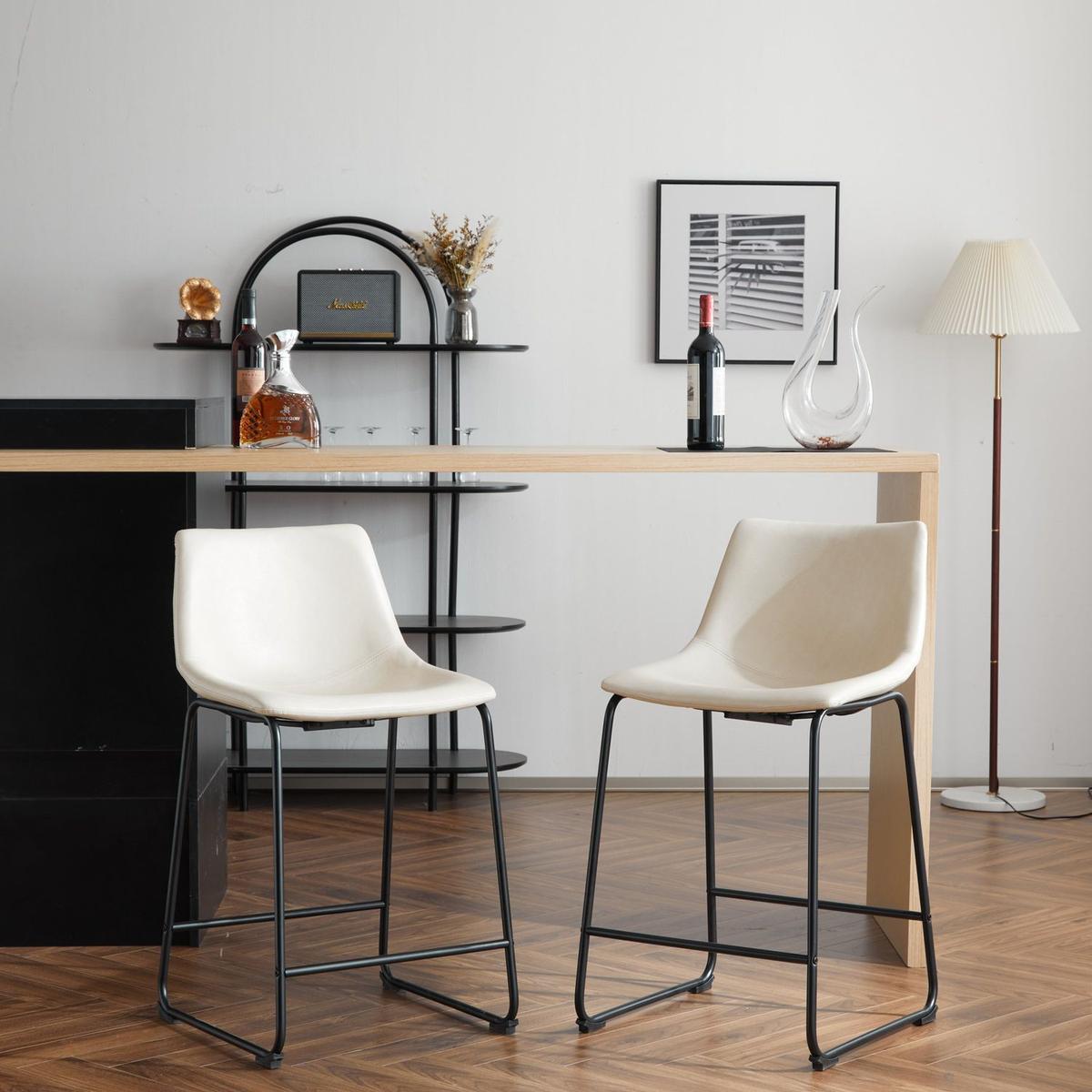 (Set of 2) Vintage Style 24-Inch Armless Industrial Faux Leather Counter Stool with Metal Legs and Footrest for Kitchen Island, Cafe, Pub, Bar Counter, Cream and Black