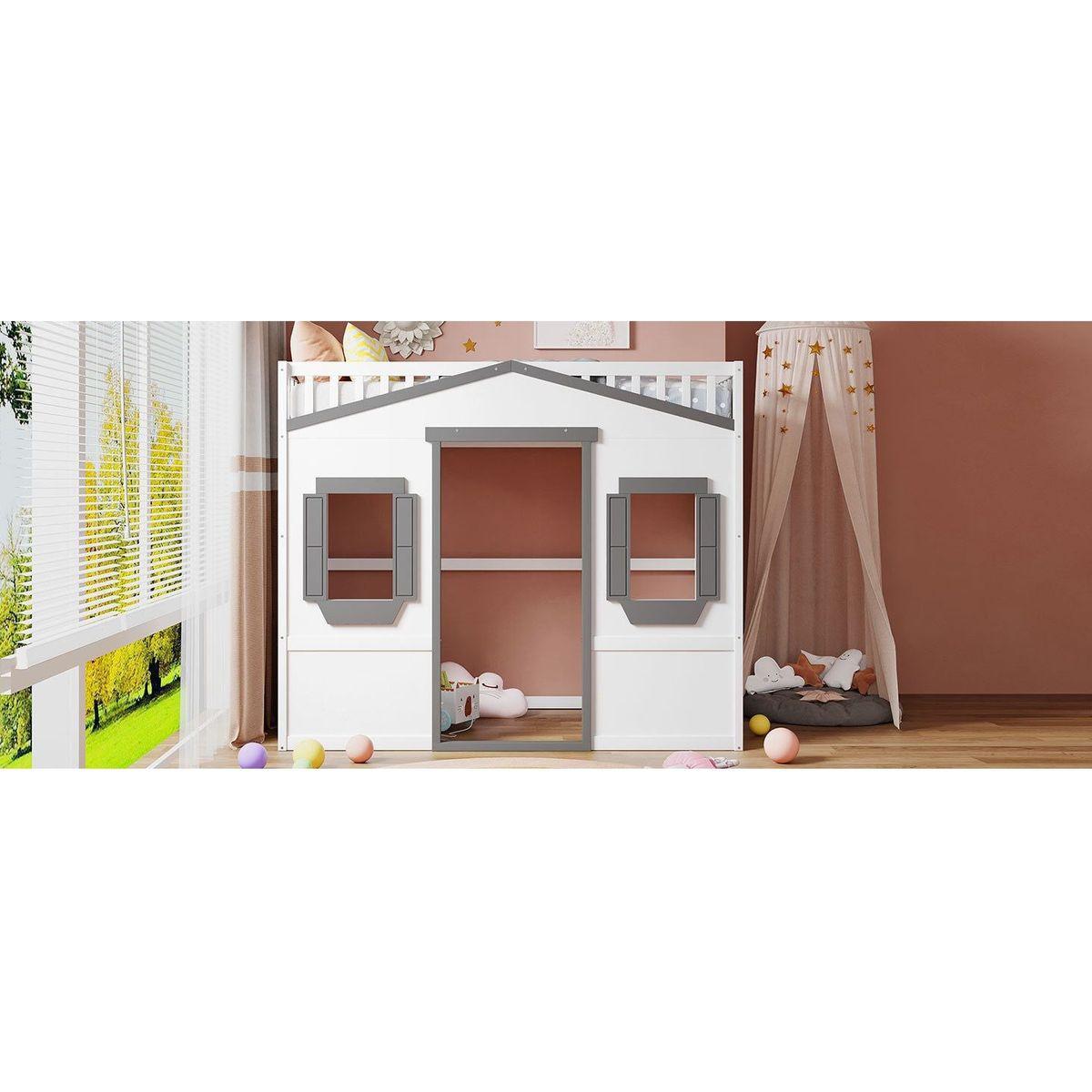 Twin Size House Loft Bed With Ladder-White+Gray Frame