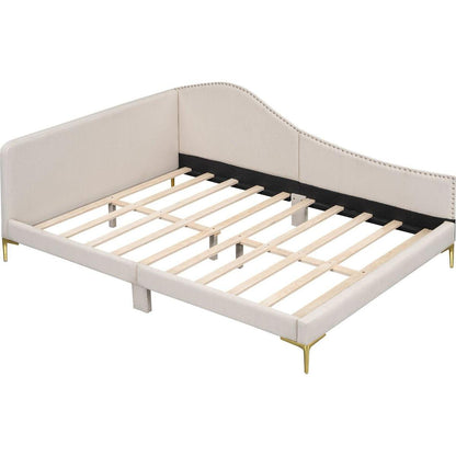 Full Size Upholstered Daybed with Headboard and Armrest, Support Legs, Beige