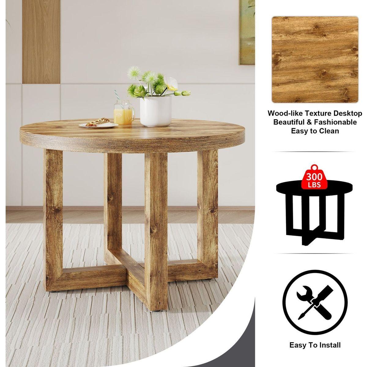 A modern and practical circular dining table. Made of MDF tabletop and wooden MDF table legs. A set of 4 brown cushioned chairs.