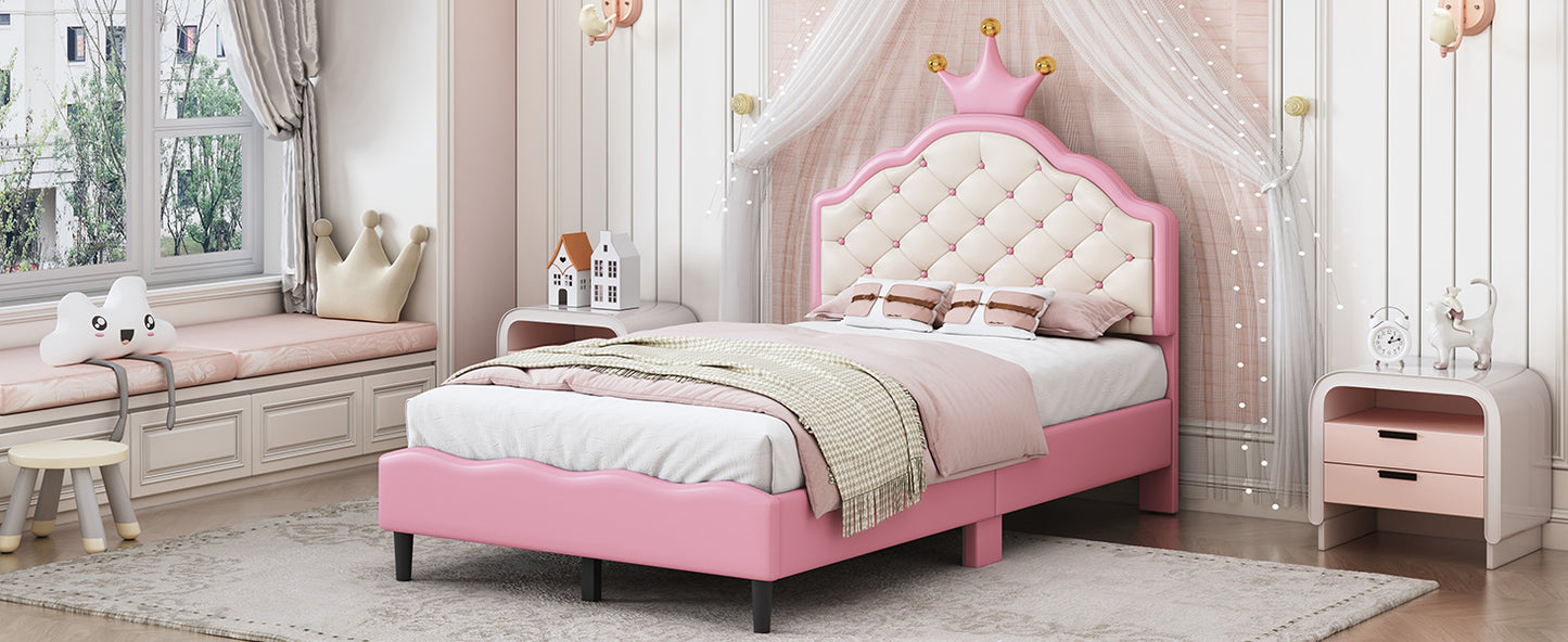 Twin Size Lovely Crown Fantasy PU Leather Princess Bed with Tufted Headboard, Pink+Cream