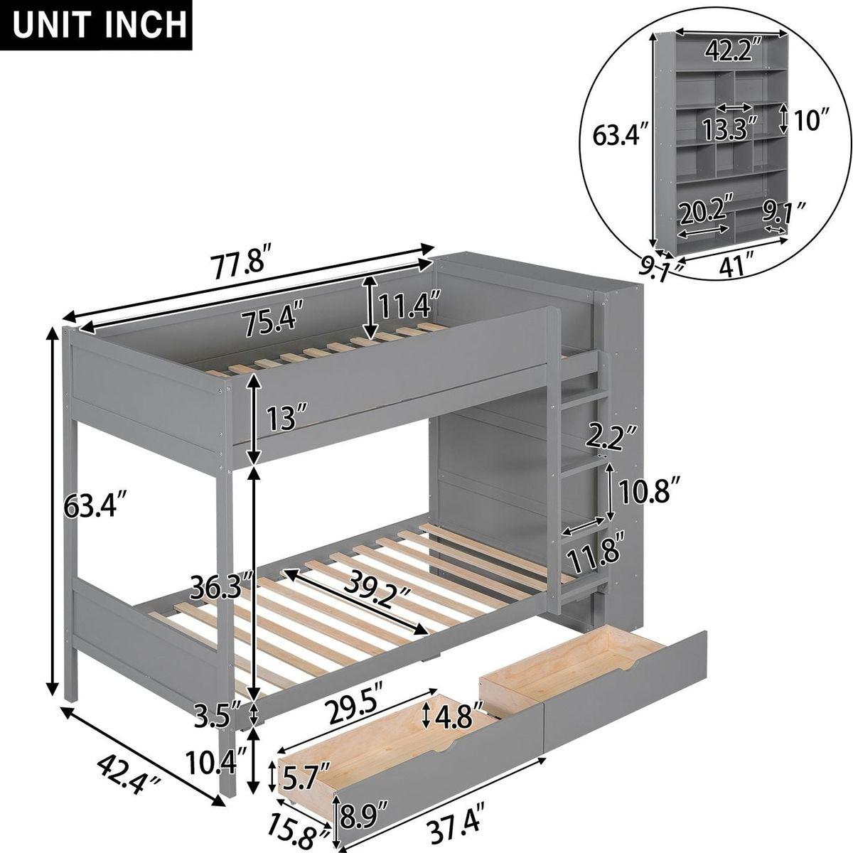 Twin over Twin Bunk Bed With 2 Drawers and Multi-layer Cabinet, Gray