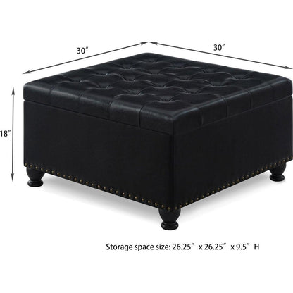 Large square storage ottoman with wooden legs, Upholstered button tufted coffee table with nail trims for Living Space, Black