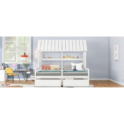 Twin Size House Platform Beds with Two Drawers for Boy and Girl Shared Beds, Combination of 2 Side by Side Twin Size Beds,White