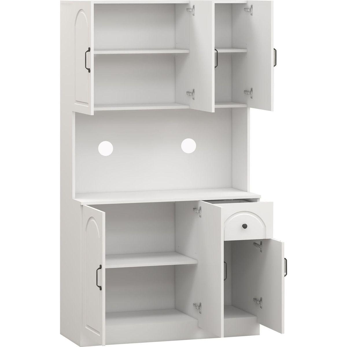 71" Kitchen Pantry Storage Cabinet with Microwave Oven Countertop, Freestanding Hutch Cabinet with Adjustable Shelves, 6 Doors and 1 Drawer-White