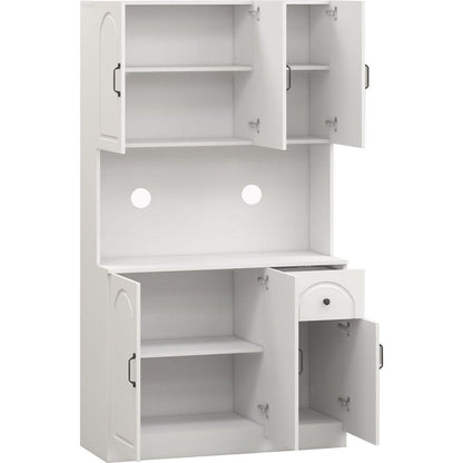 71" Kitchen Pantry Storage Cabinet with Microwave Oven Countertop, Freestanding Hutch Cabinet with Adjustable Shelves, 6 Doors and 1 Drawer-White
