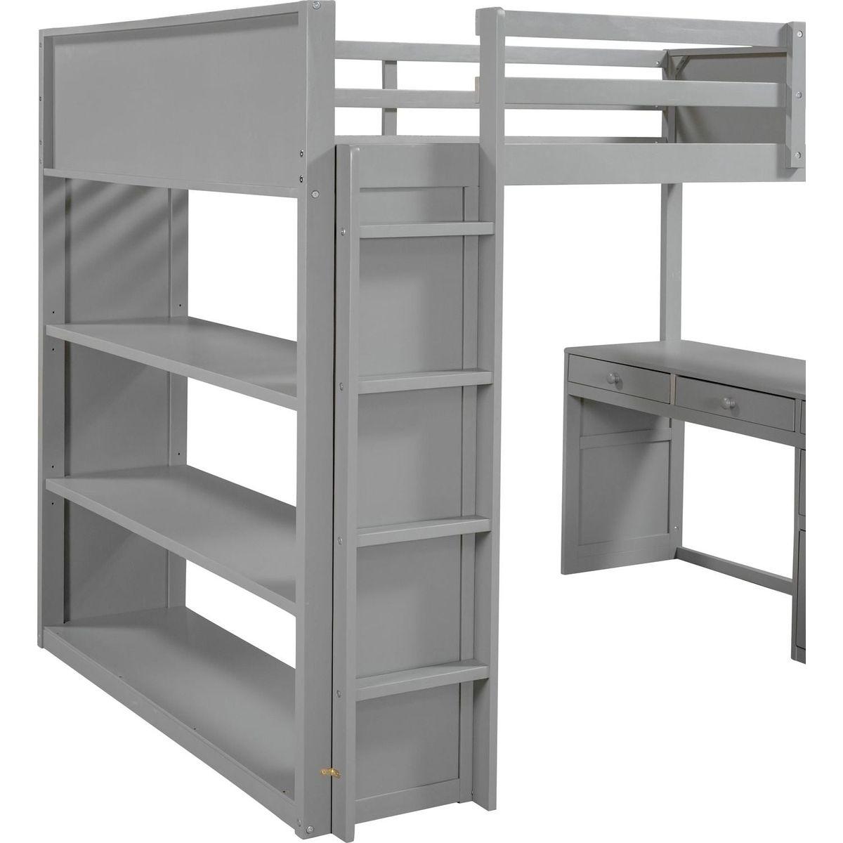 Full Size Loft Bed with Ladder, Shelves, and Desk, Gray