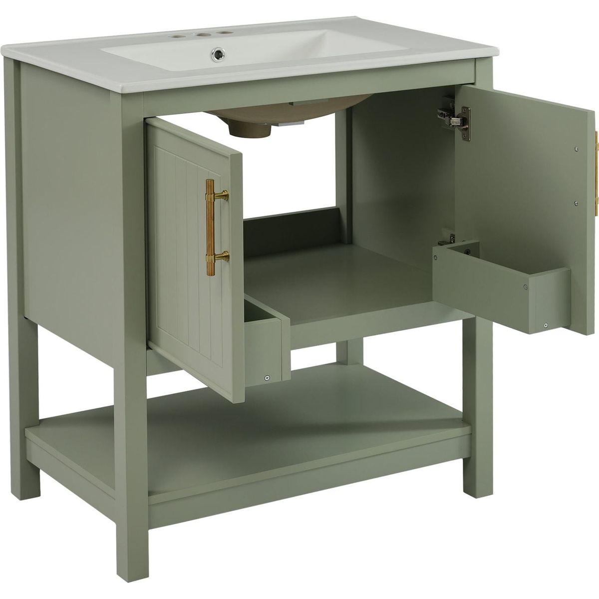 30-Inch Green Bathroom Vanity with Ceramic Sink and Versatile Storage - Ideal for Small Bathrooms