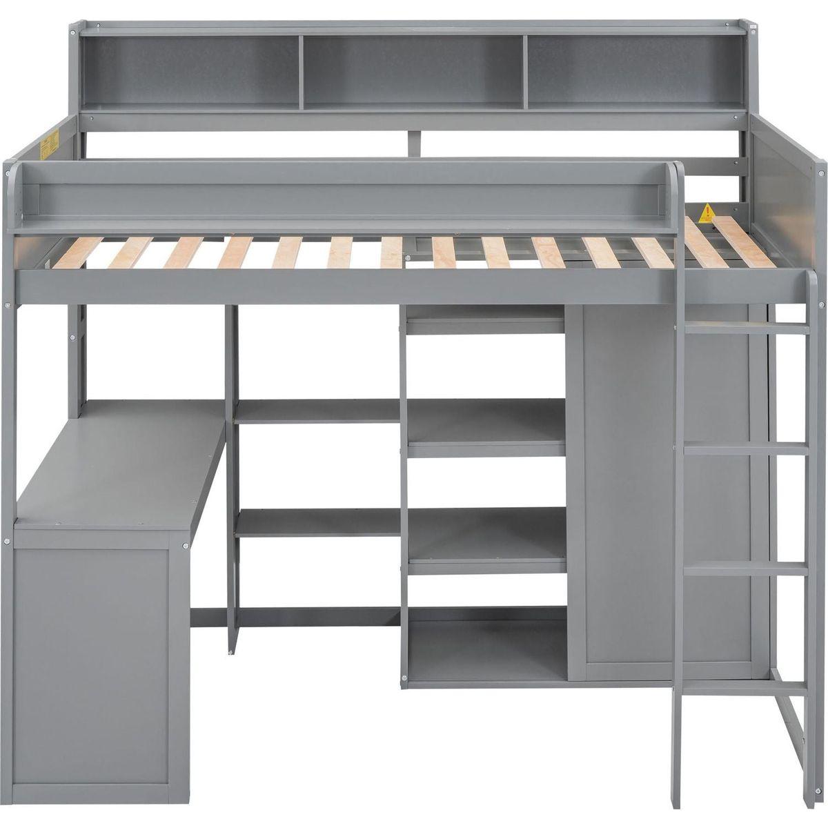 Wood Twin Size Loft bed with Multiple Storage Shelves and Wardrobe, Gray